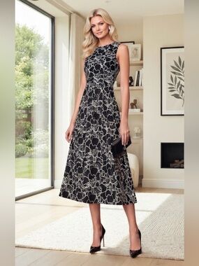 New Elie Tahari Black Dress with White Floral Outline size M
